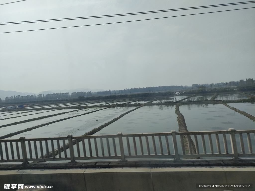 高铁窗外水田水塘田地农田