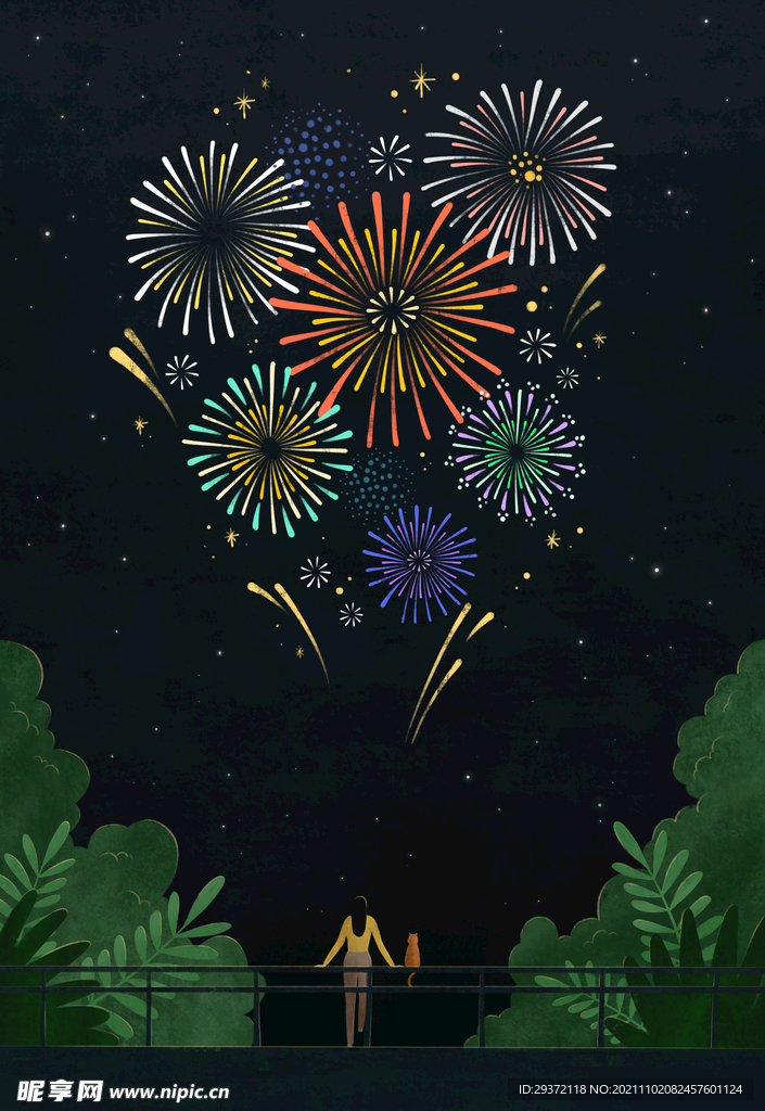 手绘节日新年炫彩烟花海报背景