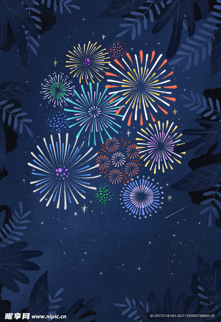 手绘节日新年炫彩烟花海报背景