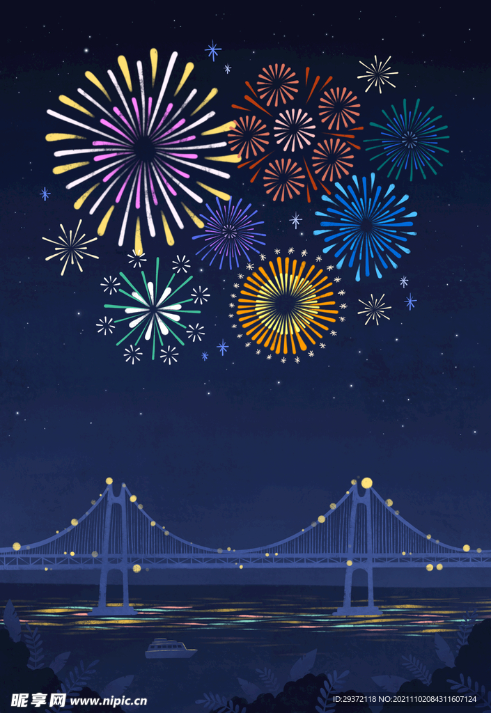 手绘节日新年炫彩烟花海报背景