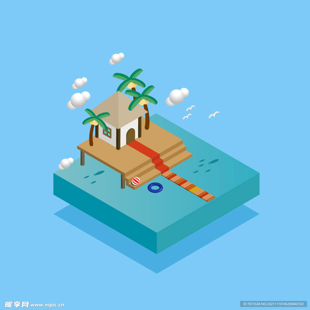 沙滩小屋 椰子树 海鸥 白云