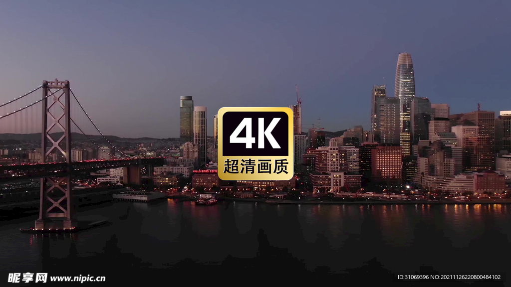 航拍城市建筑群跨海大桥夜景