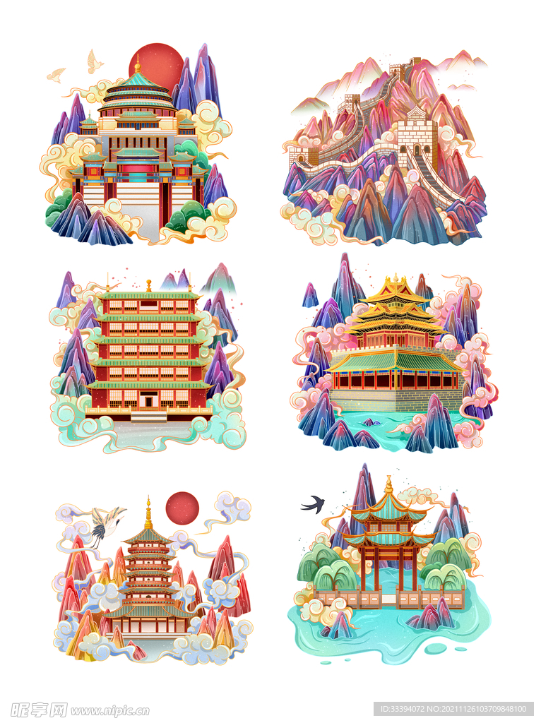 国潮风城市地标山水建筑