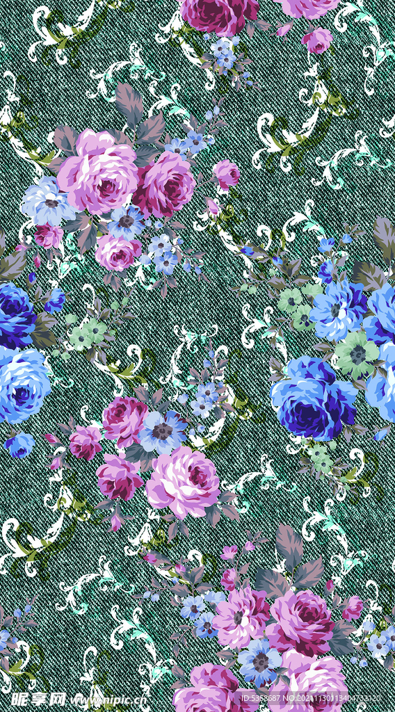 大牌牛仔纹花卉印花