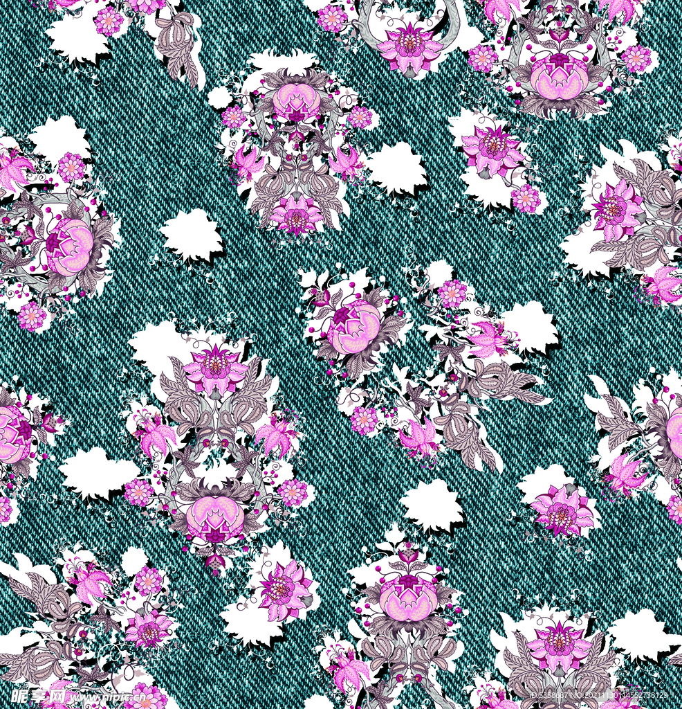 大牌牛仔纹花卉印花