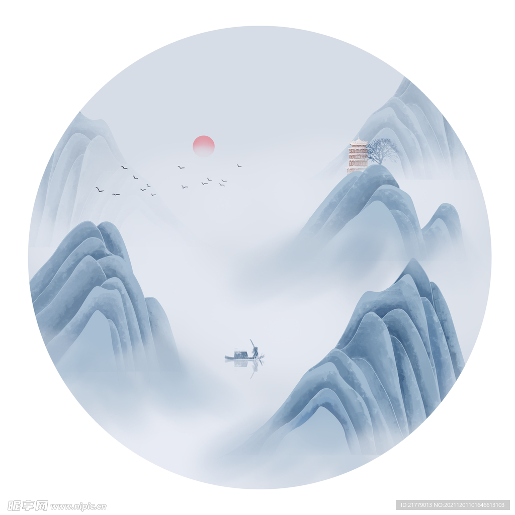 蓝色意境山水画