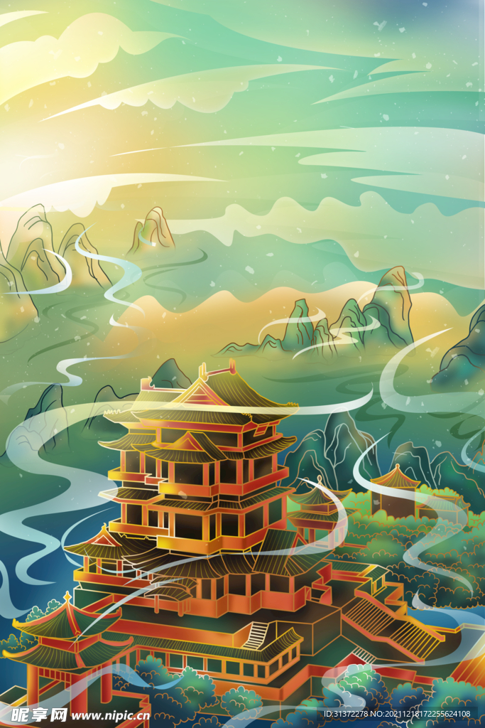  中国风大气插画场景图片