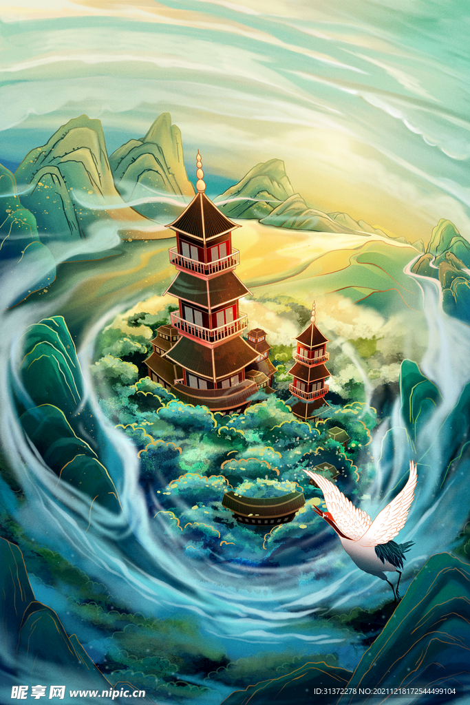 中国风大气插画场景图片 