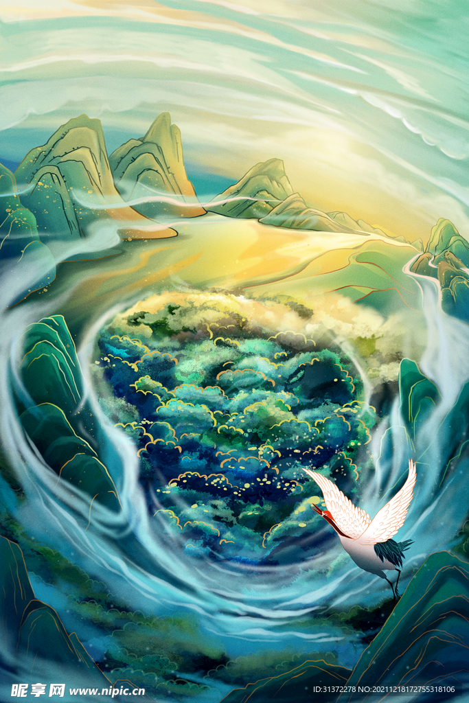 中国风大气插画场景图片 