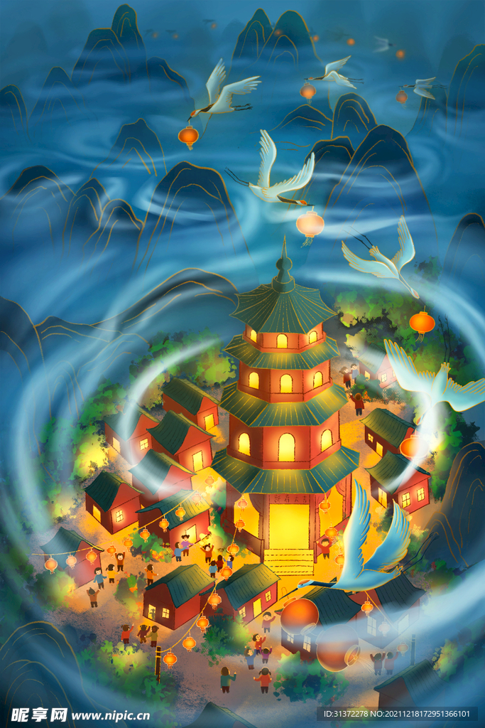 中国风大气插画场景图片