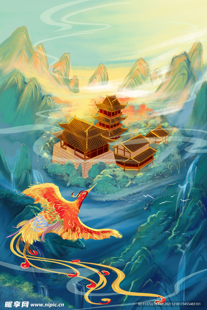 中国风大气插画场景图片