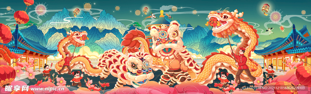  虎年舞狮国潮海报图片