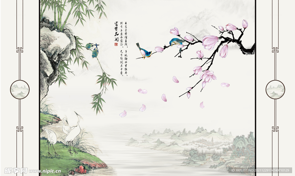 晶瓷画山水画梅花电视背景墙