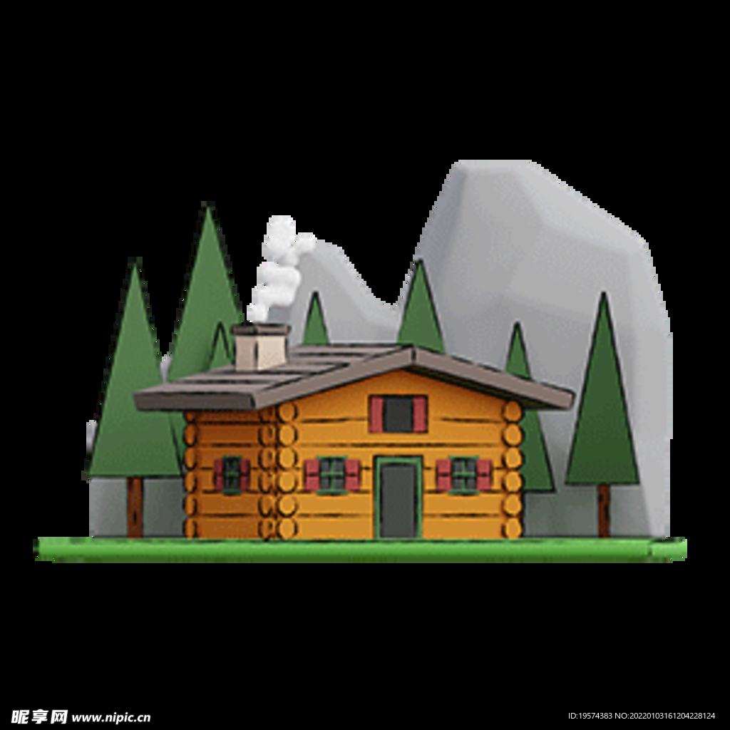 山间小木屋3d卡通可爱旅行