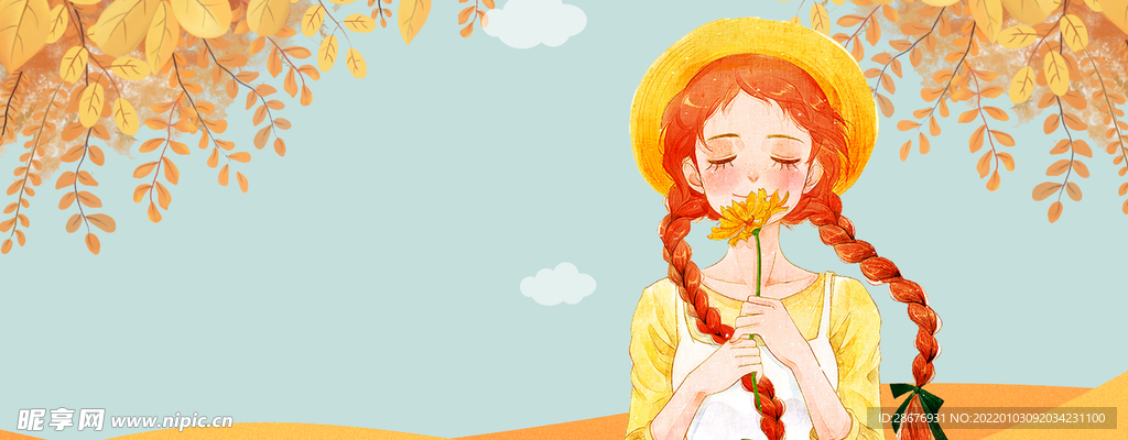 卡通手绘女孩秋天黄叶背景