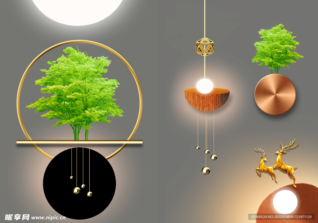 光影几何发财树装饰画