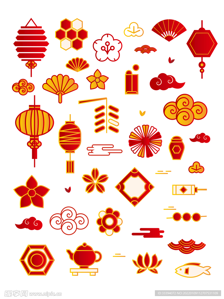 新年货祥云灯笼折扇莲花图