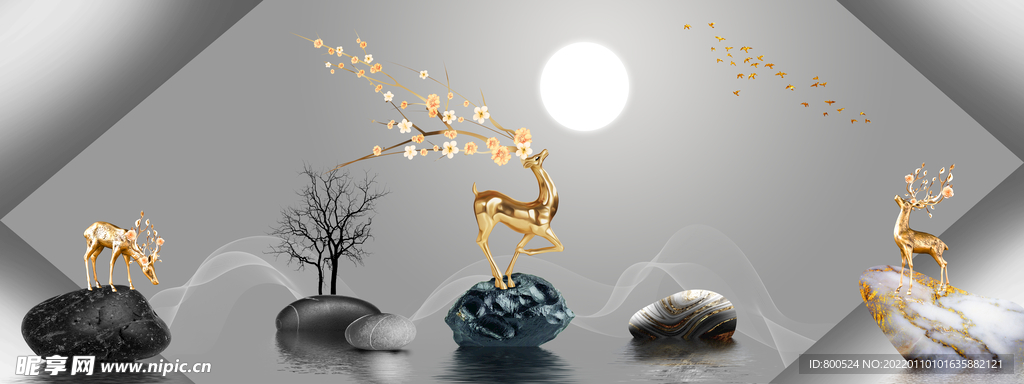 石来运转线条山水装饰画