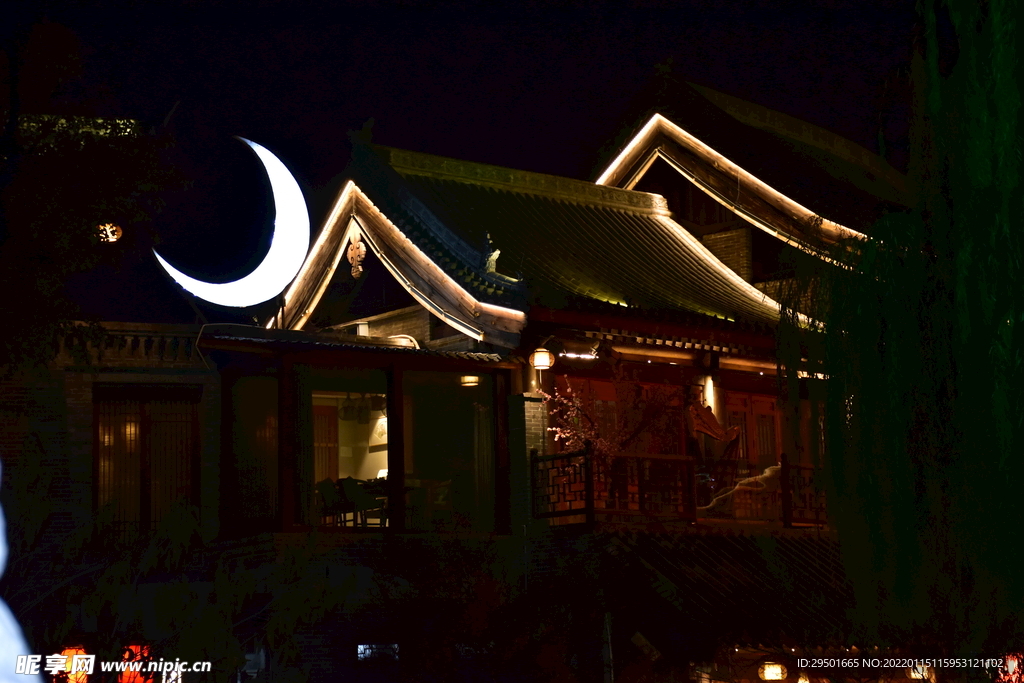 中式建筑洛邑古城夜景古建筑夜景