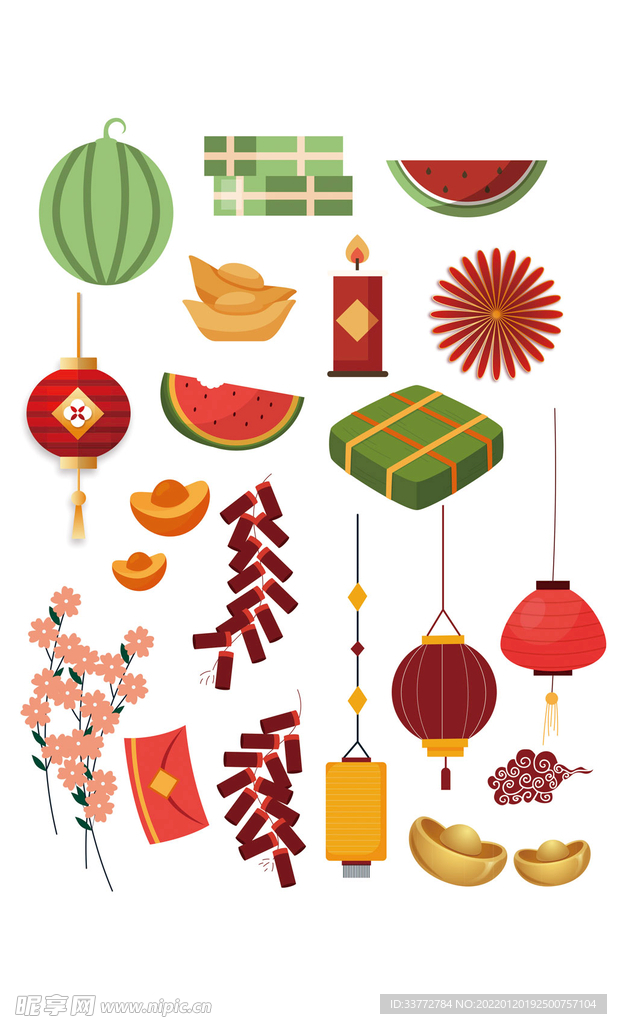 剪纸祥云灯笼中国结新年福字元素