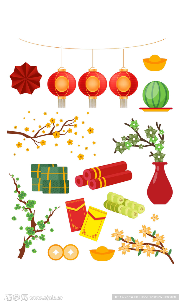 剪纸祥云灯笼中国结新年福字元素
