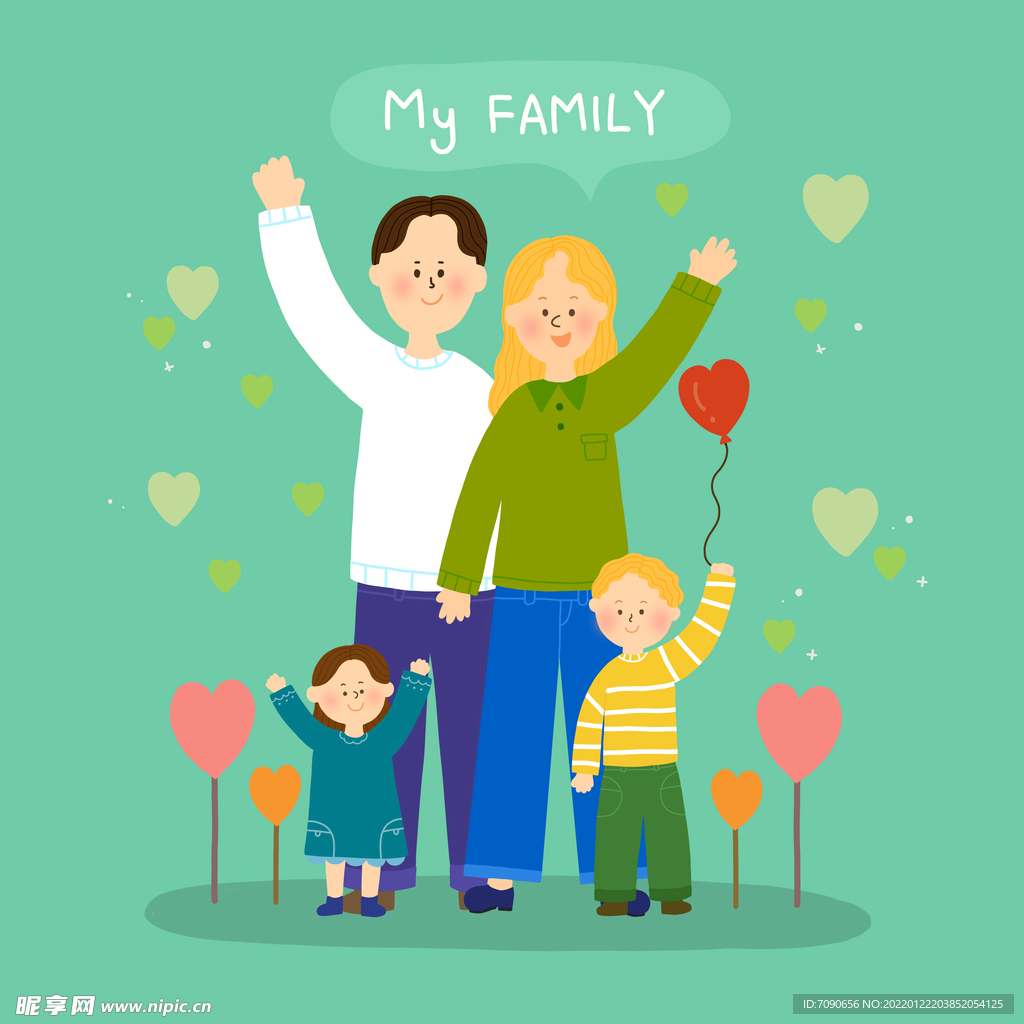 手绘全家福卡通插画   