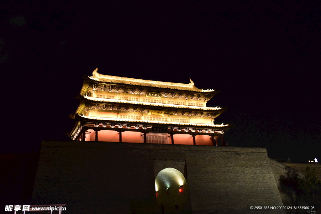 古建筑古城楼城门建筑夜景