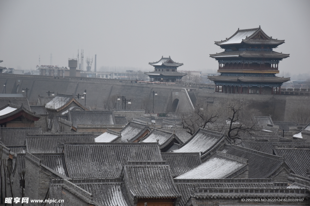 忻州古城城楼城墙古建筑冬天雪景