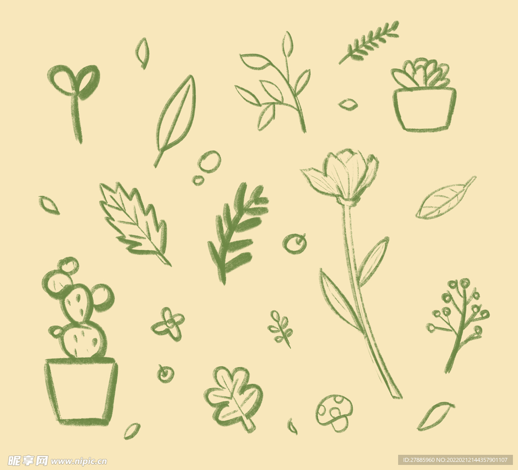 植物简笔画粉笔画卡通手装饰元素