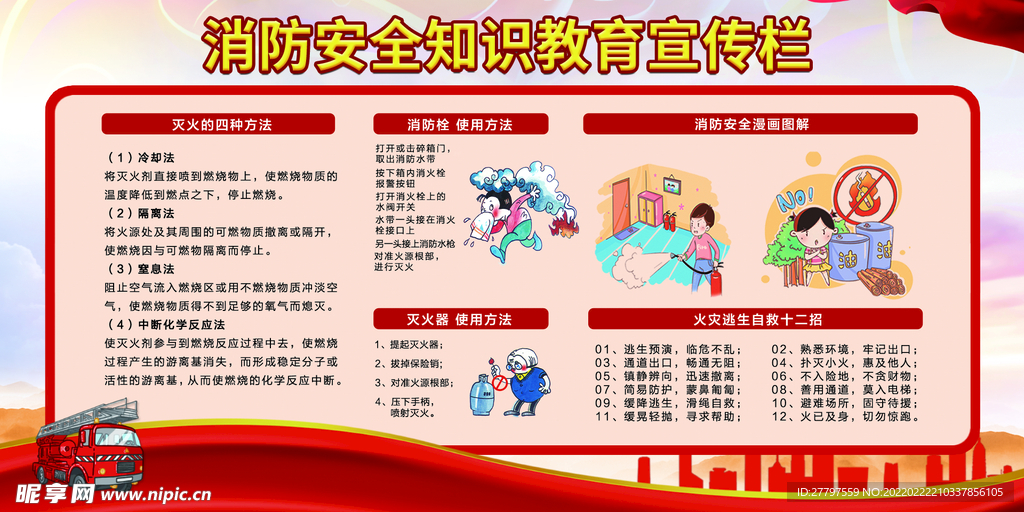 红色消防知识展板