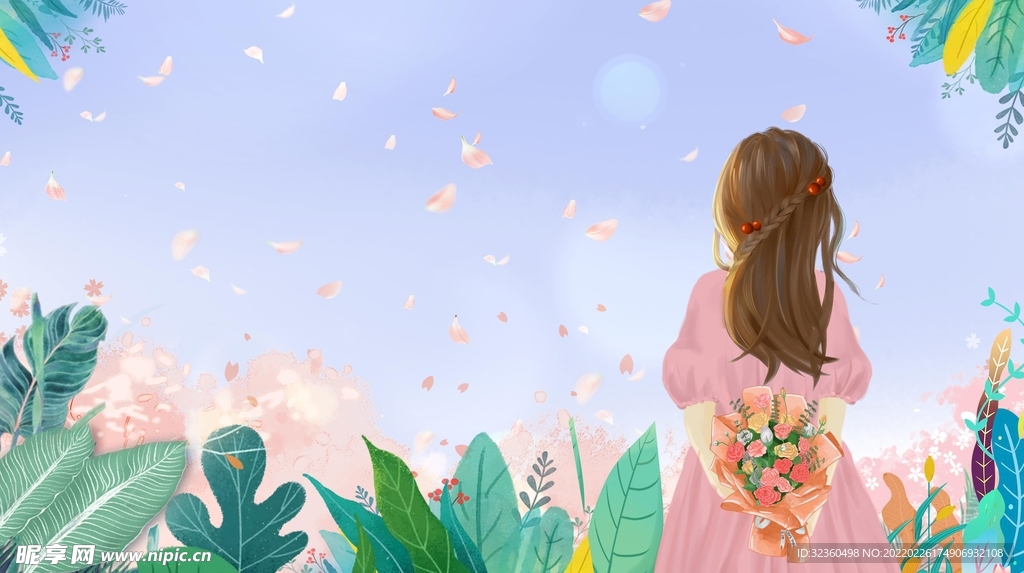 38妇女节粉色女孩背影创意插画