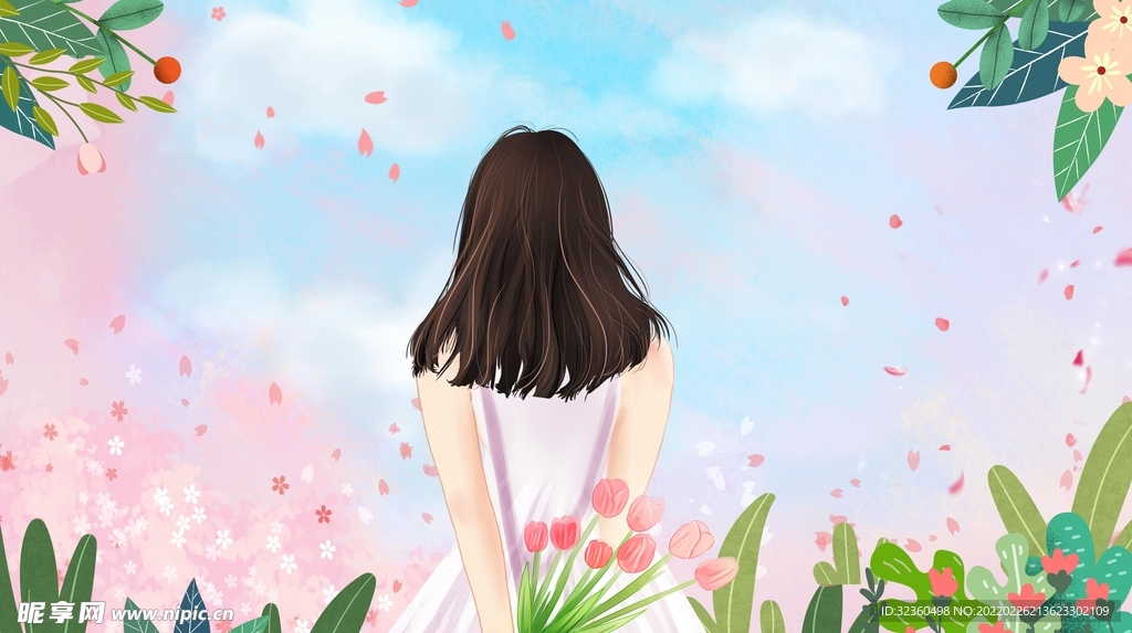 粉色背影女王节创意插画设计