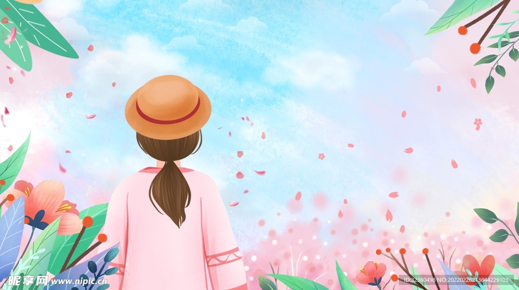 粉色女神节女孩创意插画设计