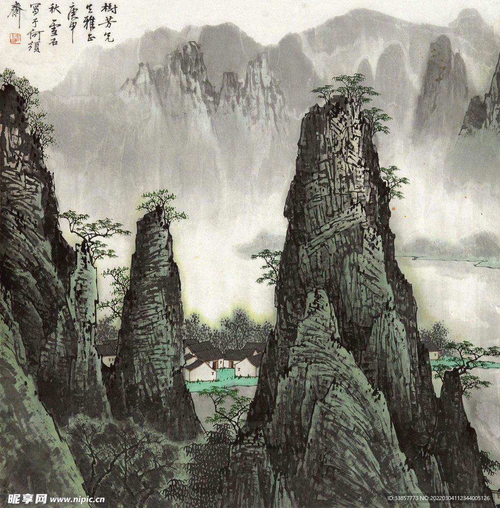 白雪石国画山村风光