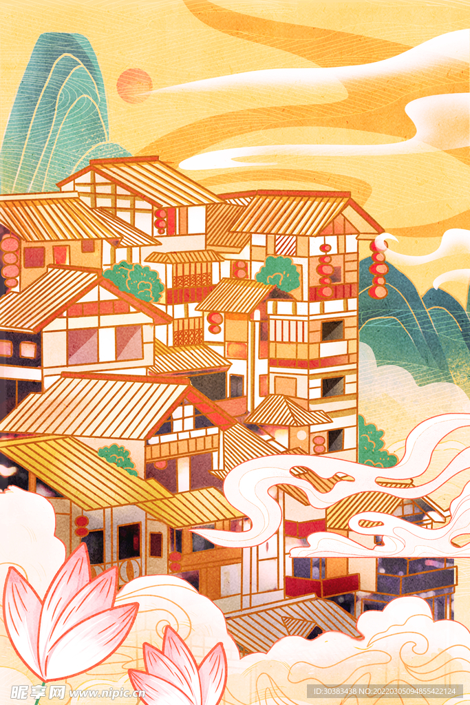 手绘花鸟山水风景画海报素材