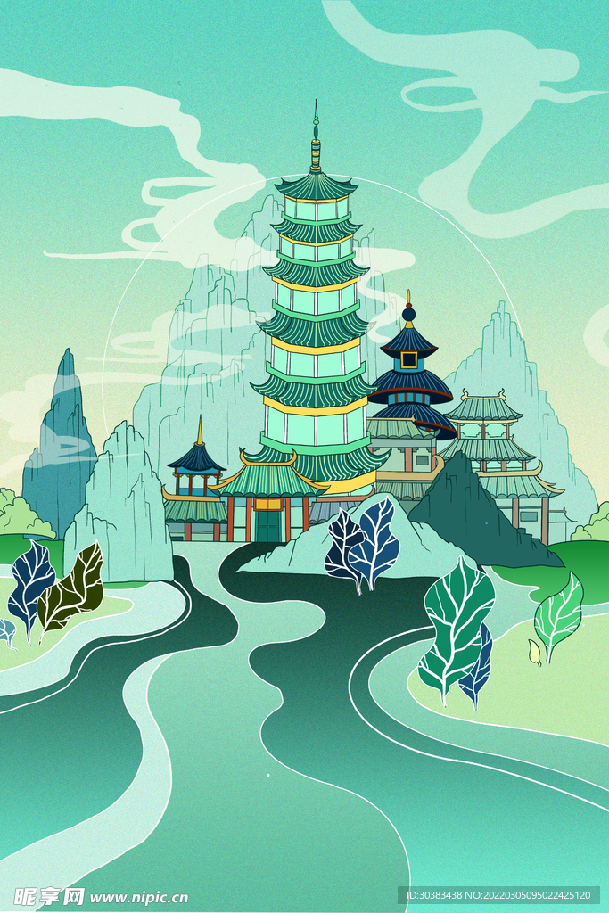 手绘花鸟山水风景画海报素材