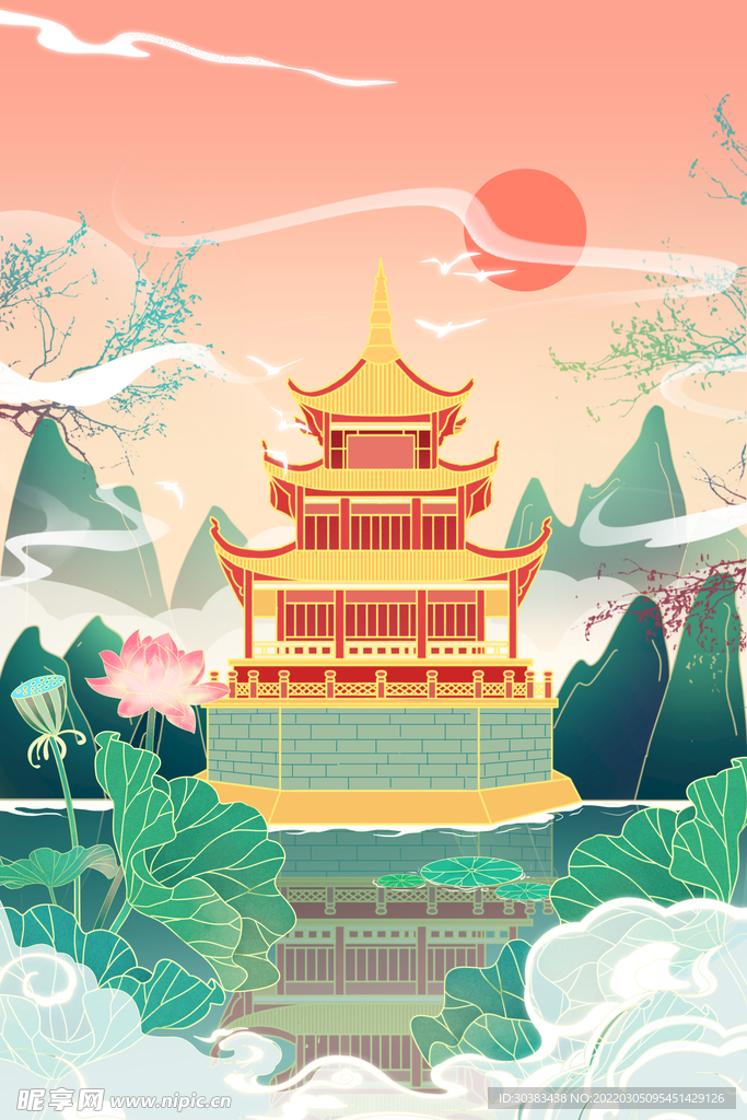 手绘花鸟山水风景画海报素材