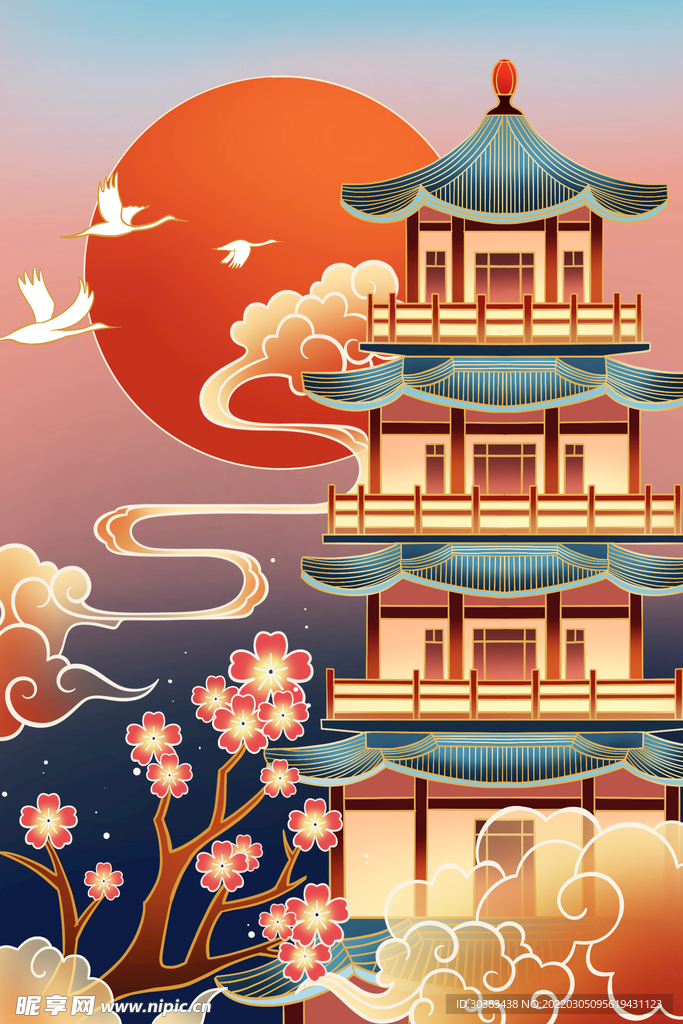 手绘花鸟山水风景画海报素材