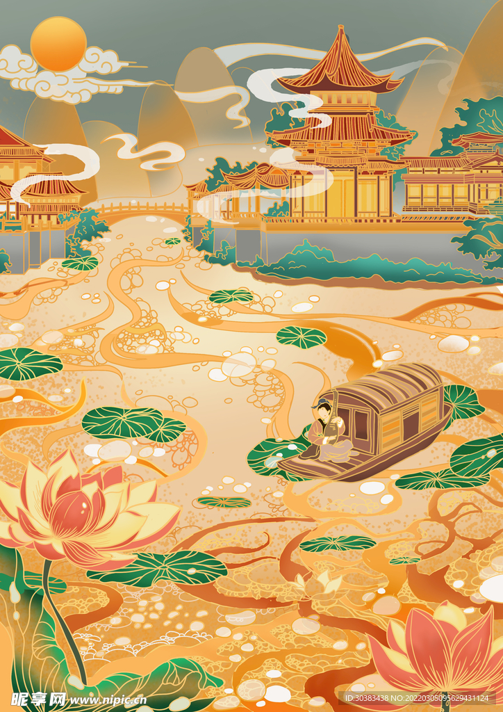 手绘花鸟山水风景画海报素材