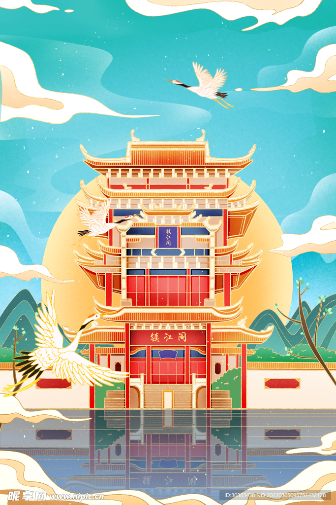 手绘花鸟山水风景画海报素材