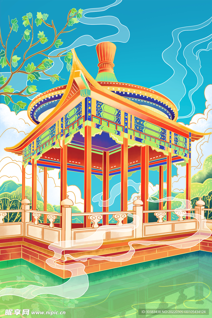 手绘花鸟山水风景画海报素材