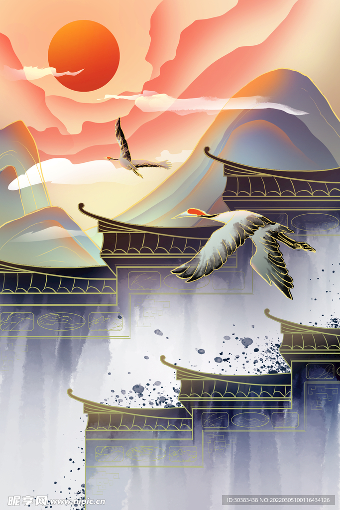 手绘花鸟山水风景画海报素材
