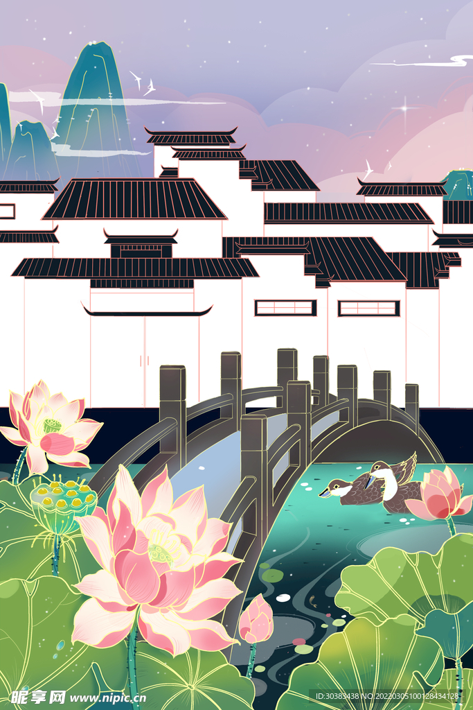 手绘花鸟山水风景画海报素材