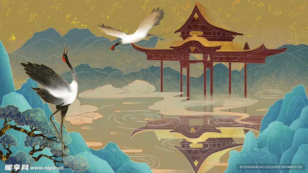 手绘花鸟山水风景画海报素材