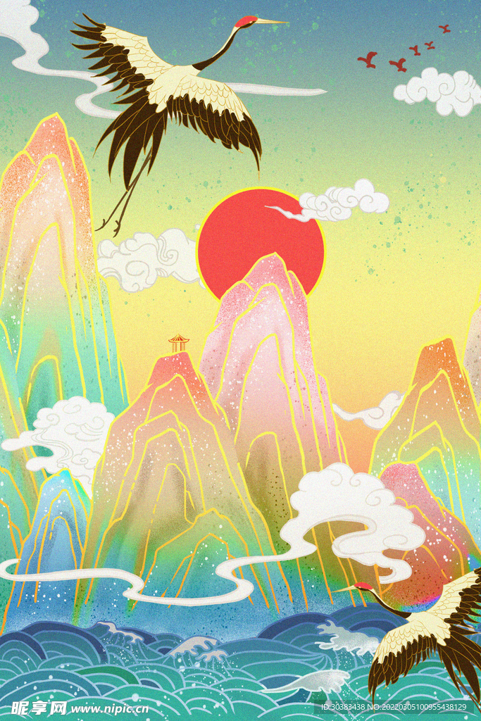 手绘花鸟山水风景画海报素材