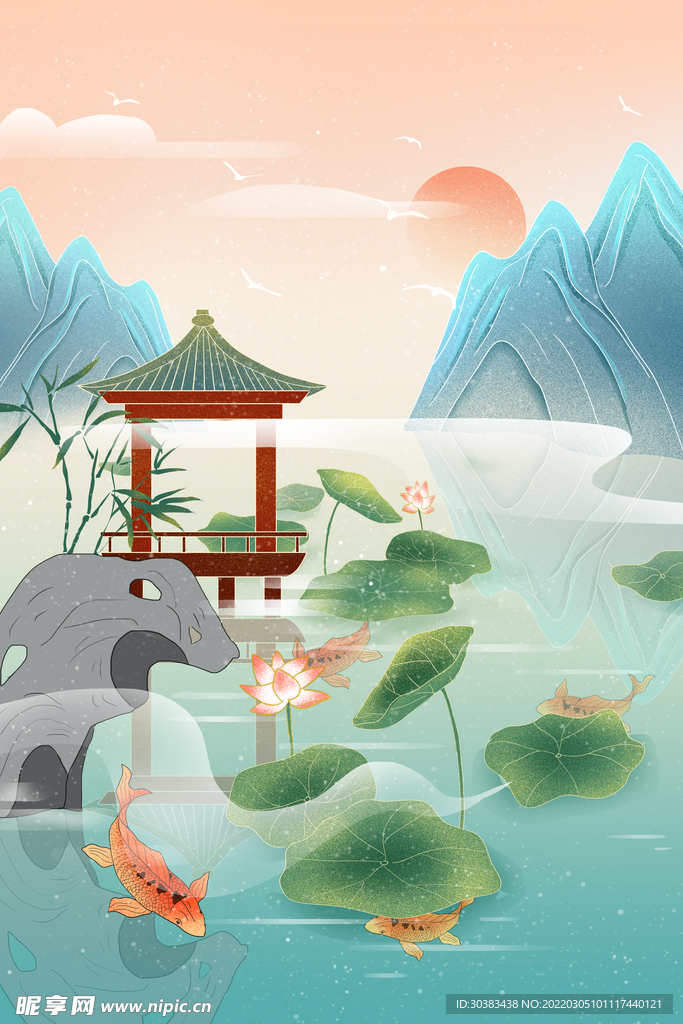 手绘花鸟山水风景画海报素材