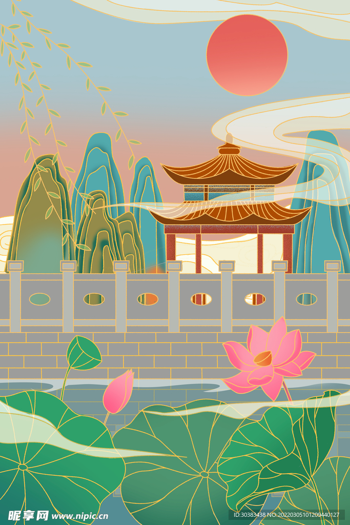 手绘花鸟山水风景画海报素材