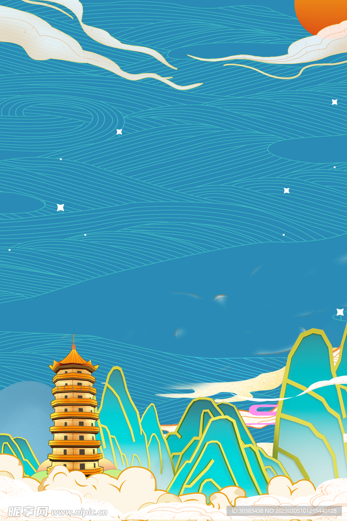 手绘花鸟山水风景画海报素材