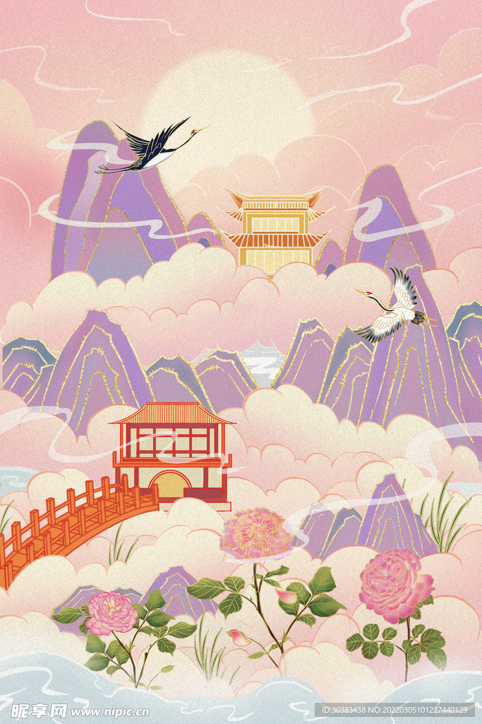 手绘花鸟山水风景画海报素材
