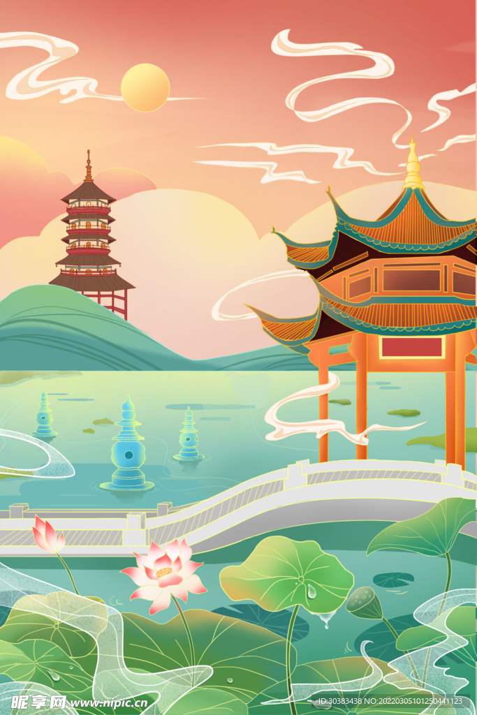 手绘花鸟山水风景画海报素材